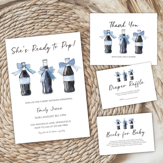 Baby Shower Invitation Bundle - Blue She's Ready To Pop Soda Theme BS153