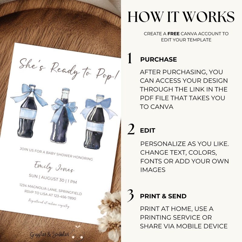 Baby Shower Invitation Bundle - Blue She's Ready To Pop Soda Theme BS153