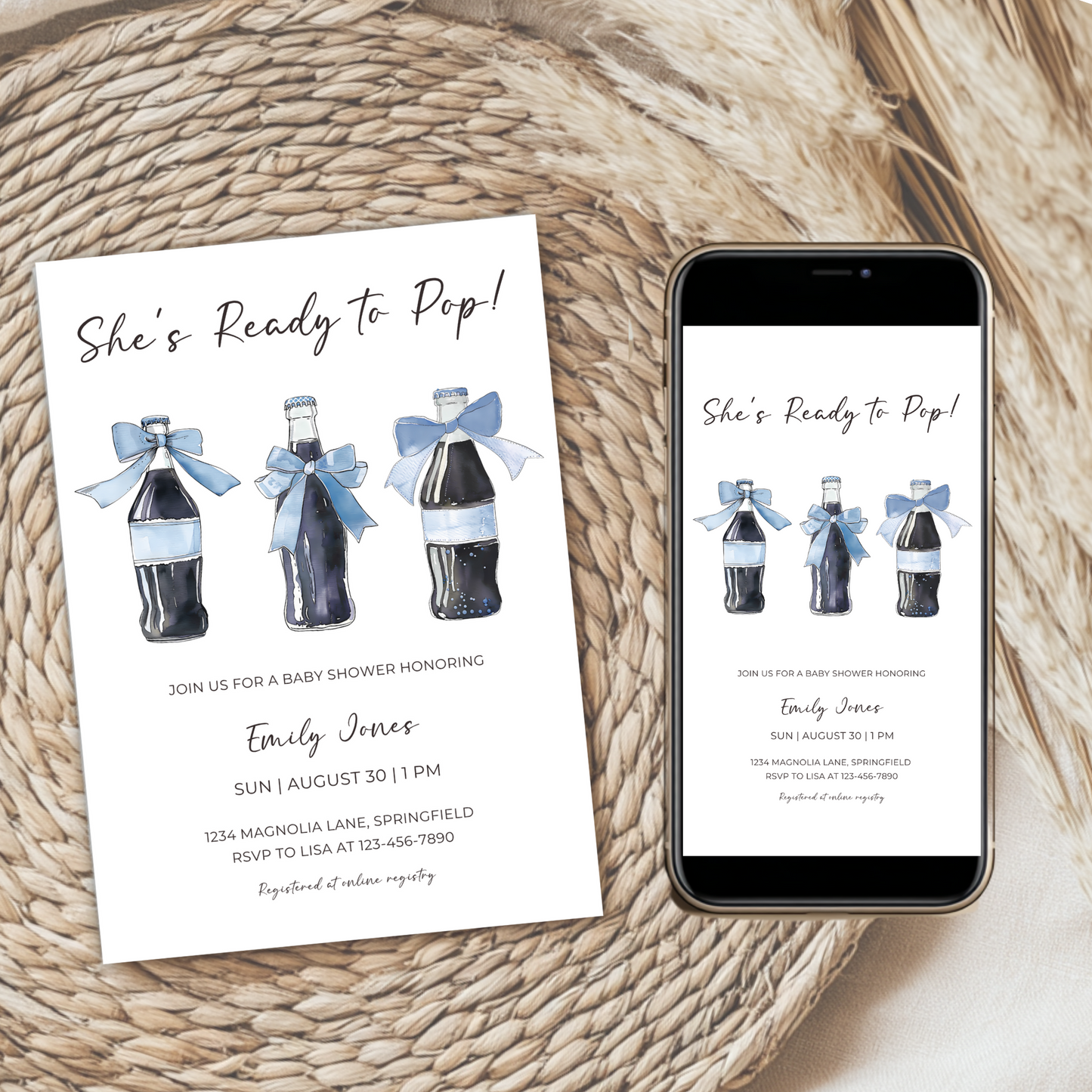 Baby Shower Invitation Bundle - Blue She's Ready To Pop Soda Theme BS153
