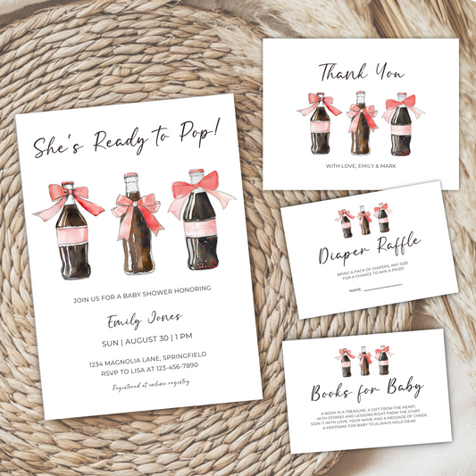 Baby Shower Invitation Bundle - She's Ready To Pop Soda Bottle with Red Bows BS153