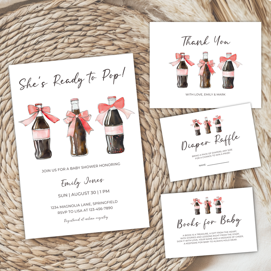 Baby Shower Invitation Bundle - She's Ready To Pop Soda Bottle with Red Bows BS153