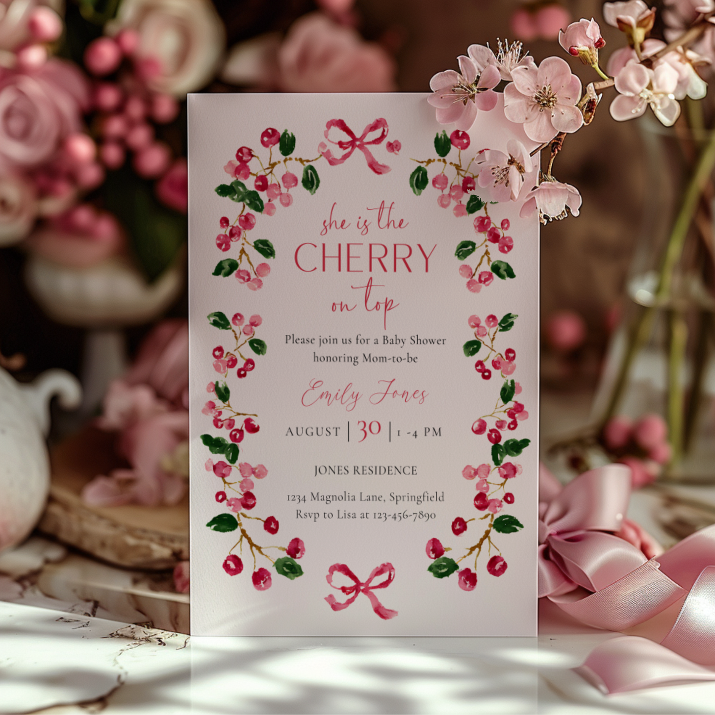 Baby Shower Invitation - She Is The Cherry On Top Vintage Floral BS167