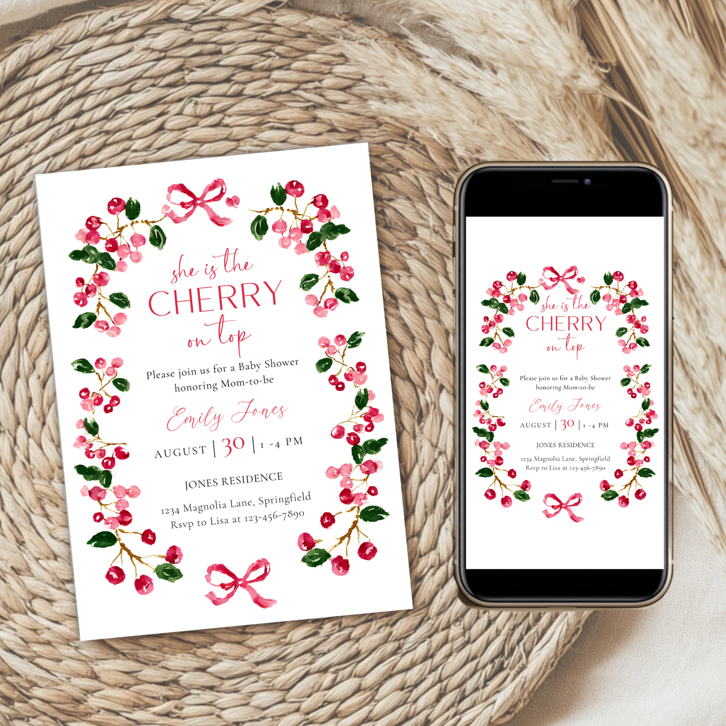 Baby Shower Invitation - She Is The Cherry On Top Vintage Floral BS167