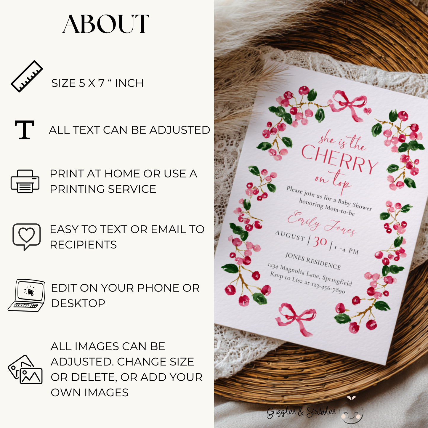Baby Shower Invitation - She Is The Cherry On Top Vintage Floral BS167