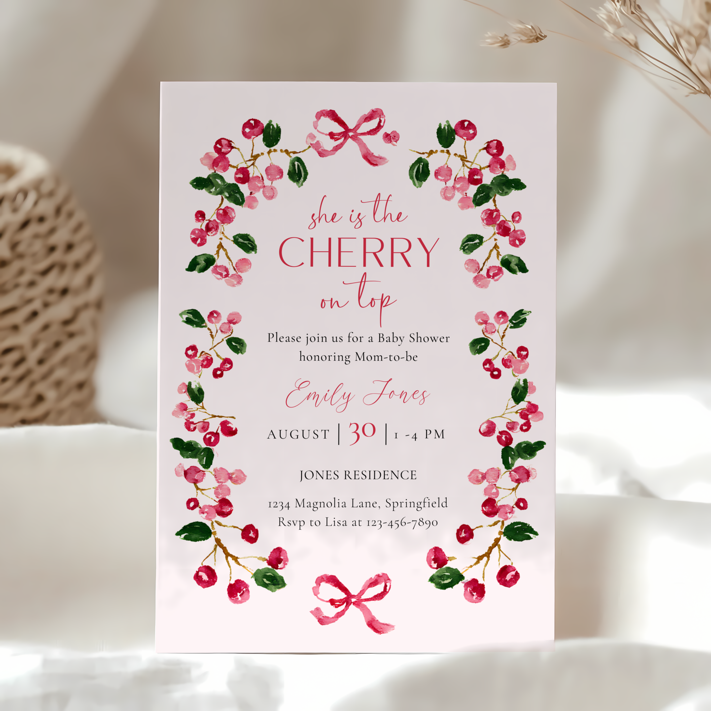 Baby Shower Invitation - She Is The Cherry On Top Vintage Floral BS167