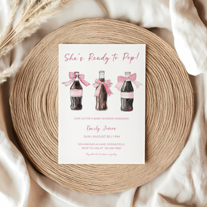 Baby Shower Invitation - She's Ready To Pop Pink Soda Coquette Bow BS153