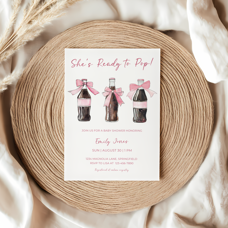 Baby Shower Invitation - She's Ready To Pop Pink Soda Coquette Bow BS153