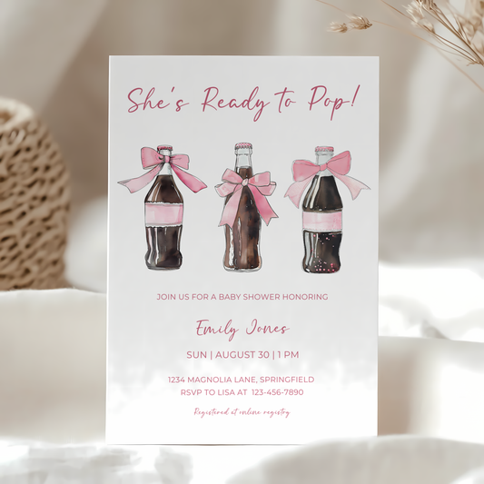 Baby Shower Invitation - She's Ready To Pop Pink Soda Coquette Bow BS153