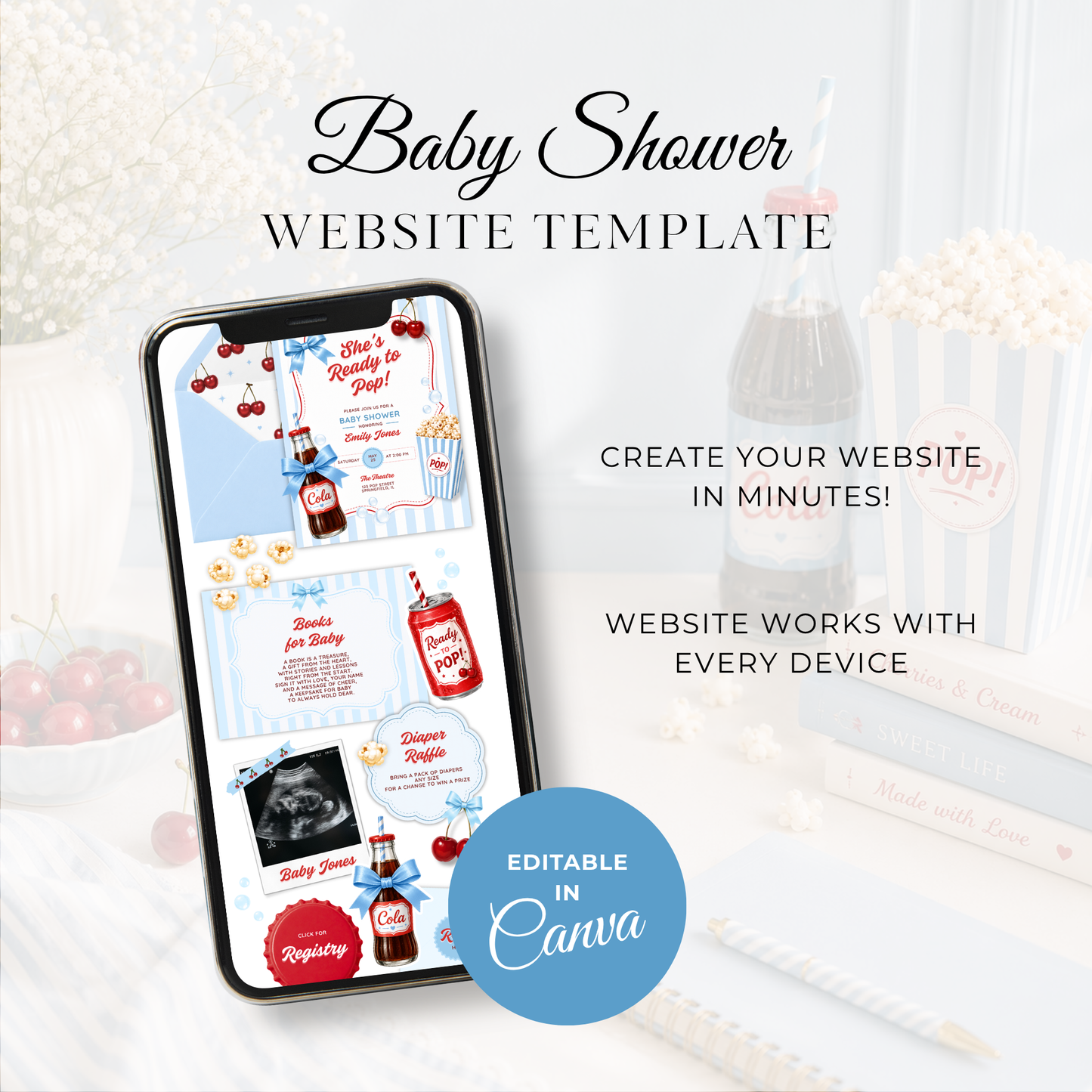 She's Ready To Pop Baby Shower Website Invite with RSVP - Blue Version BS304