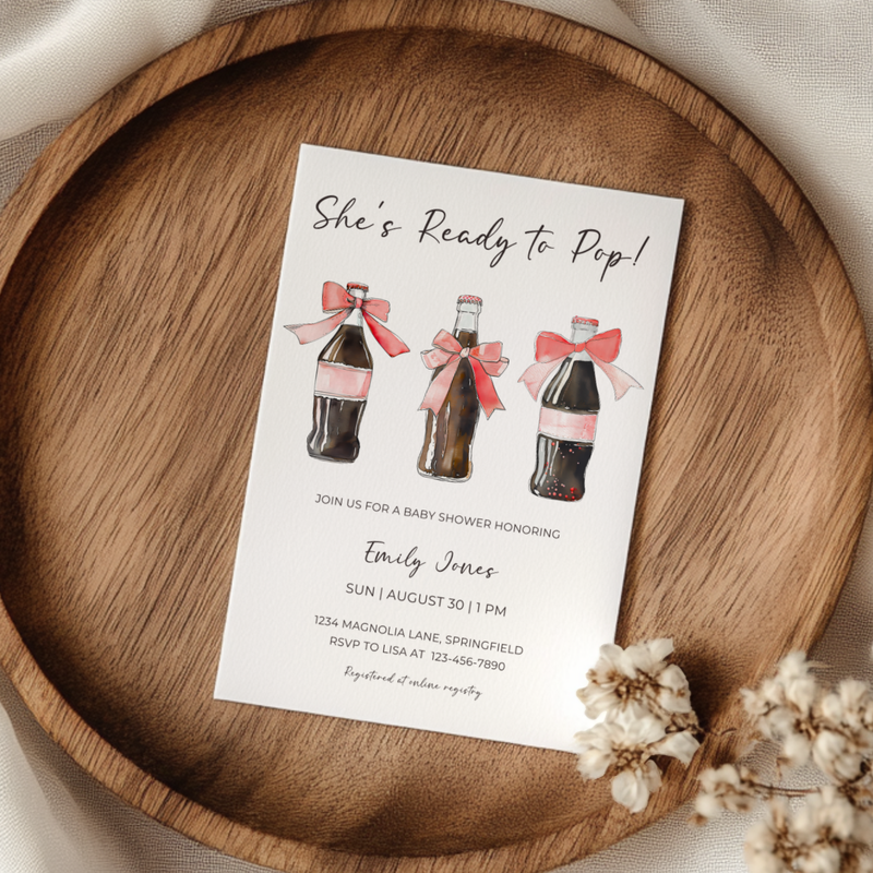 Baby Shower Invitation Bundle - She's Ready To Pop Soda Bottle with Red Bows BS153