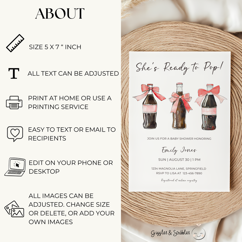 Baby Shower Invitation - She's Ready To Pop Red Retro Soda BS153
