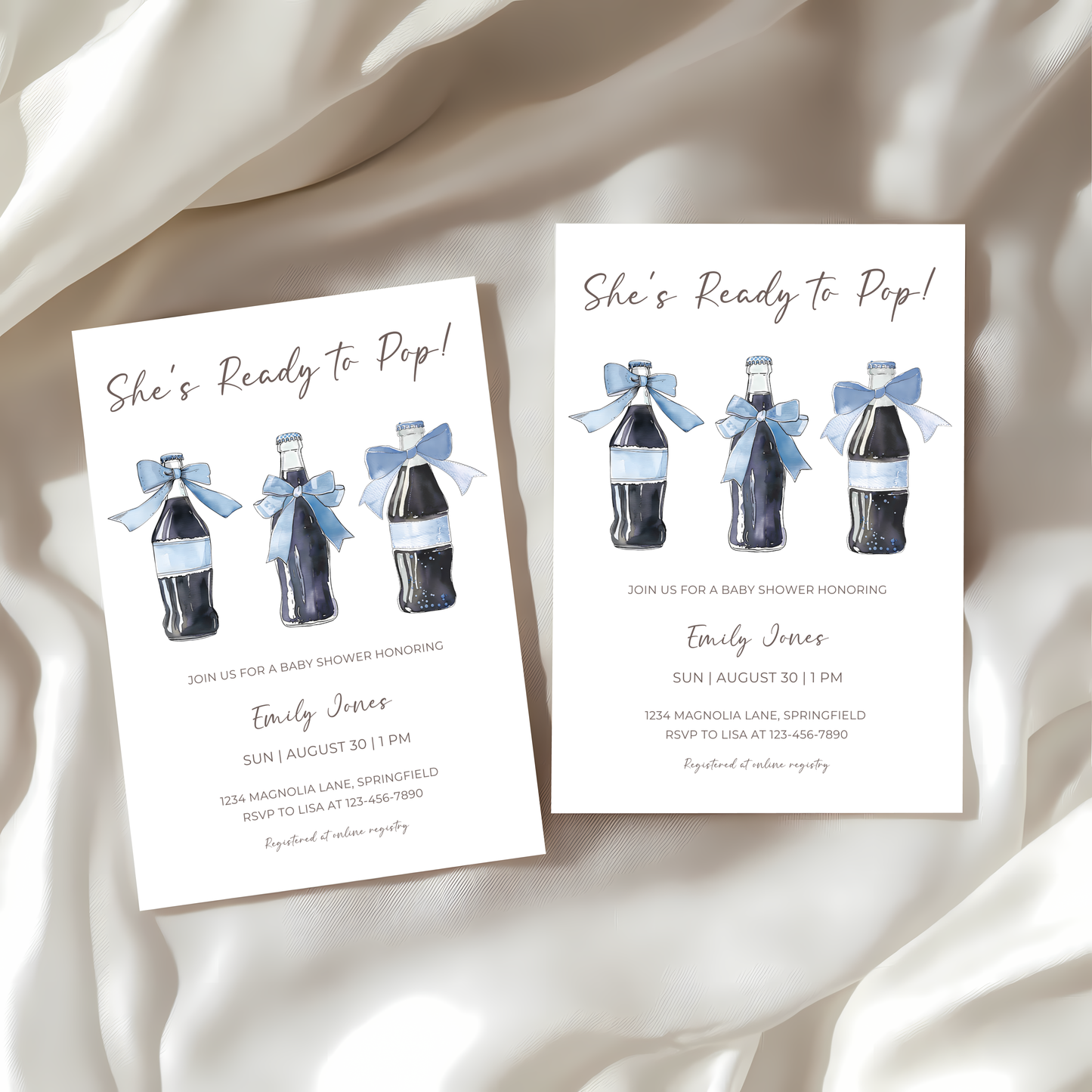 Baby Shower Invitation - Blue She's Ready To Pop Red Retro Soda with Bows BS153