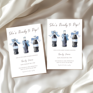 Baby Shower Invitation - Blue She's Ready To Pop Red Retro Soda with Bows BS153