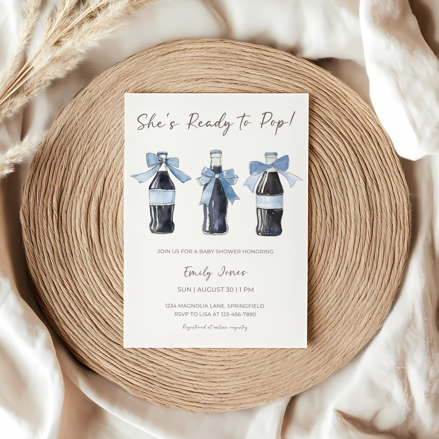 Baby Shower Invitation - Blue She's Ready To Pop Red Retro Soda with Bows BS153