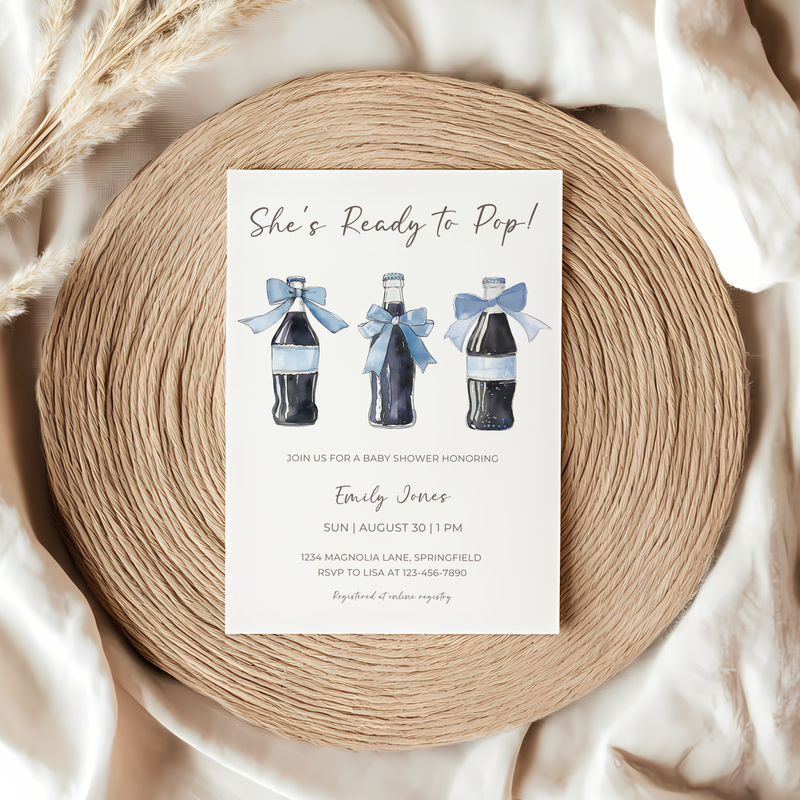 Baby Shower Invitation - Blue She's Ready To Pop Red Retro Soda with Bows BS153