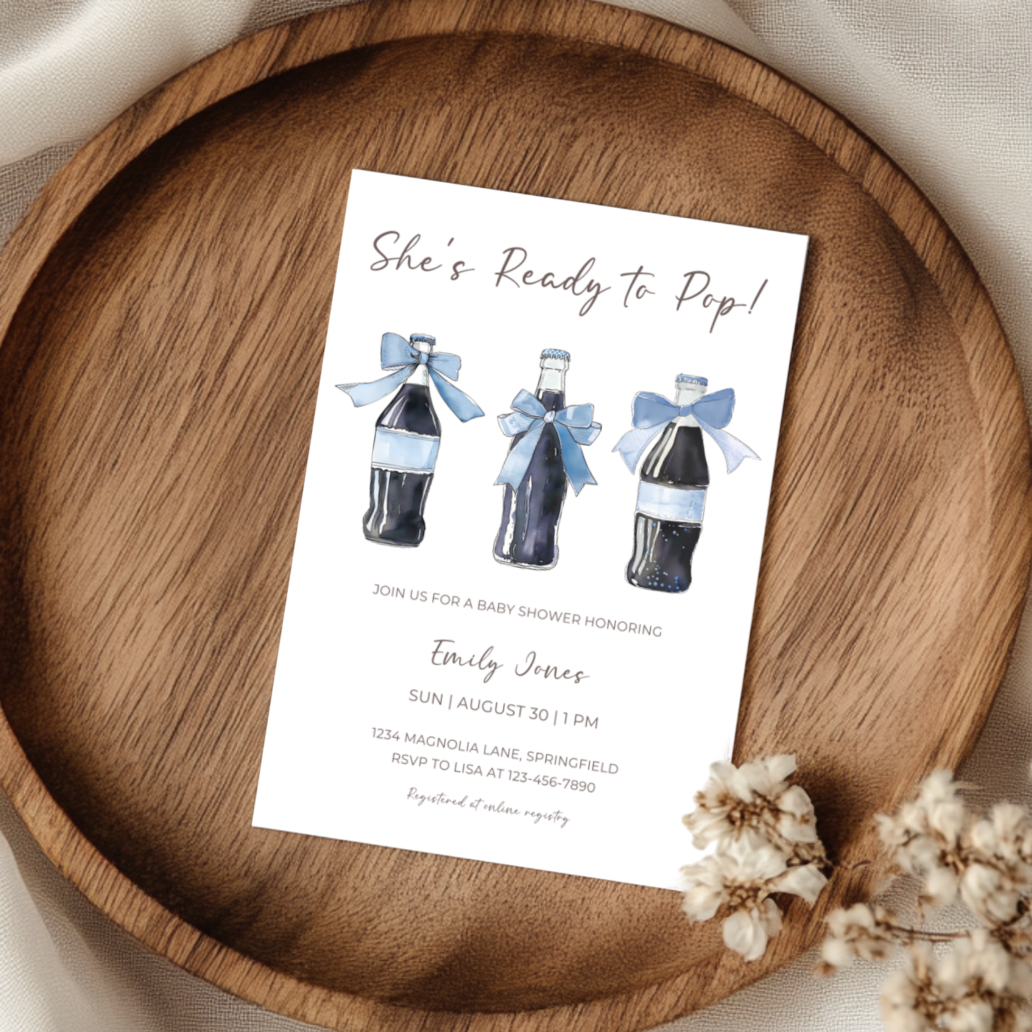Baby Shower Invitation - Blue She's Ready To Pop Red Retro Soda with Bows BS153
