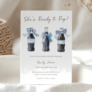 Baby Shower Invitation - Blue She's Ready To Pop Red Retro Soda with Bows BS153
