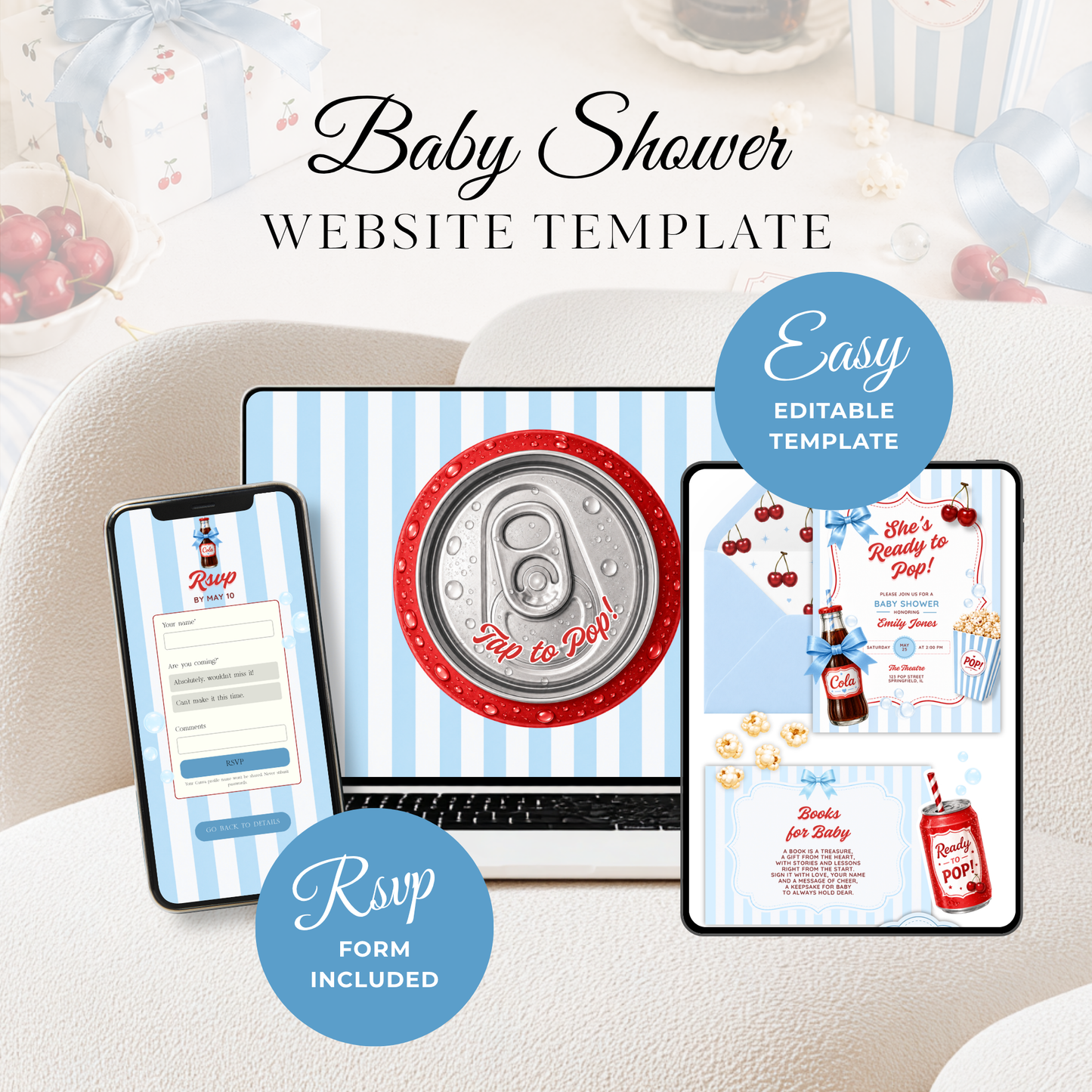 She's Ready To Pop Baby Shower Website Invite with RSVP - Blue Version BS304