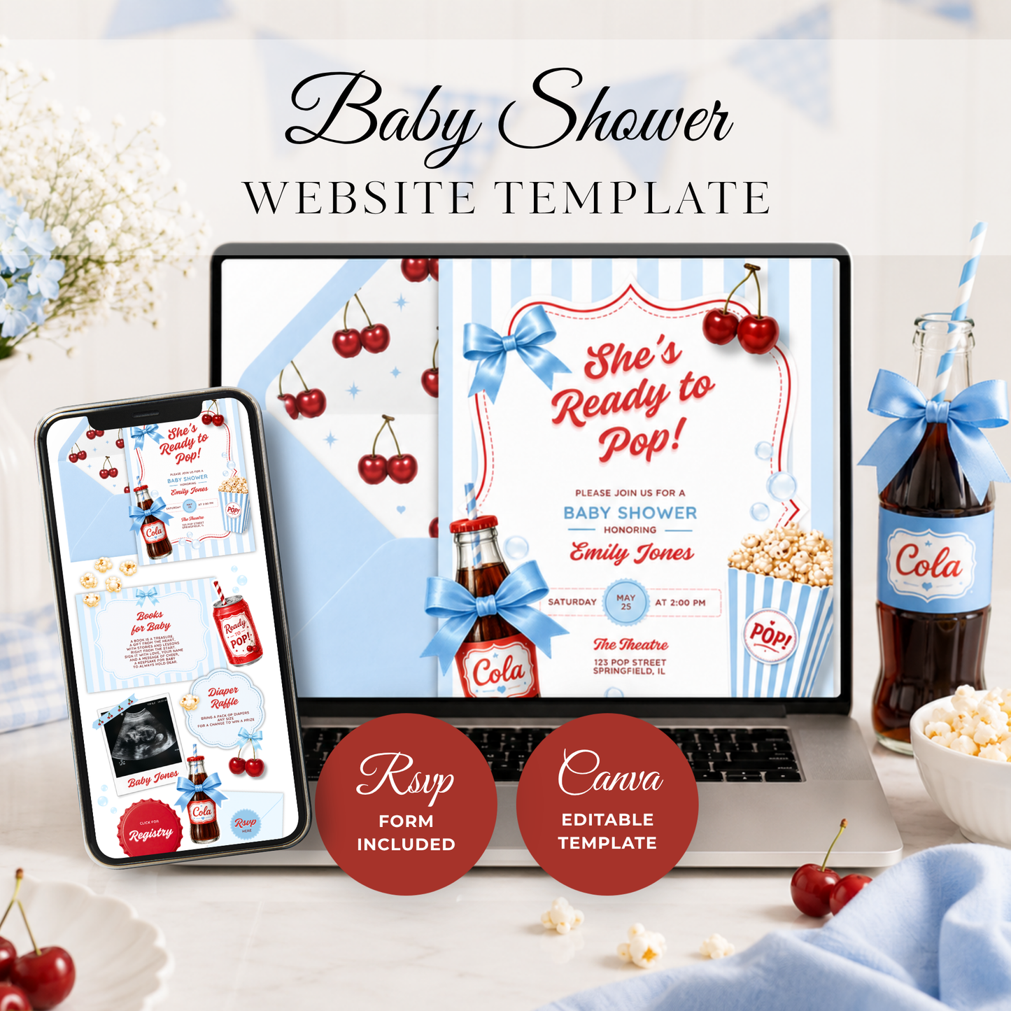 She's Ready To Pop Baby Shower Website Invite with RSVP - Blue Version BS304