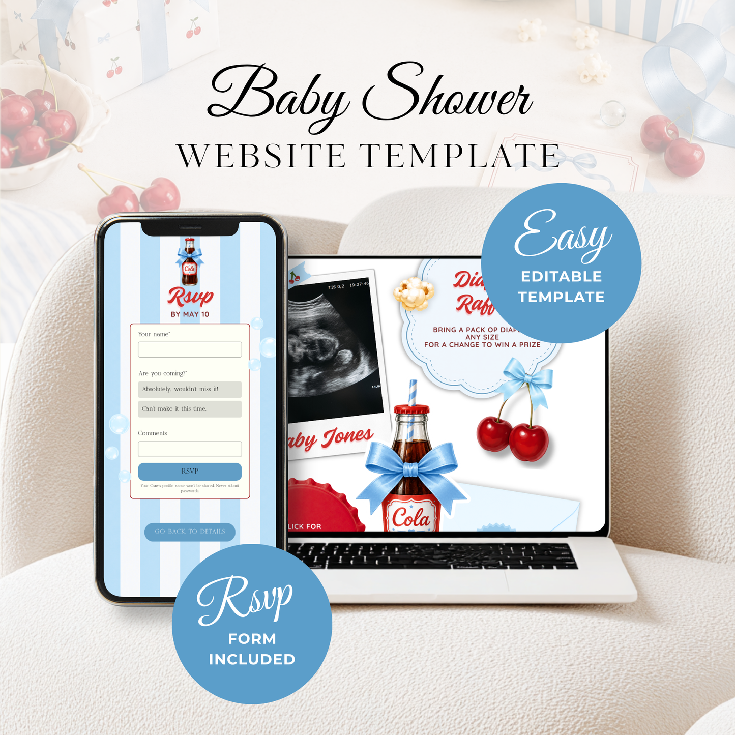 She's Ready To Pop Baby Shower Website Invite with RSVP - Blue Version BS304