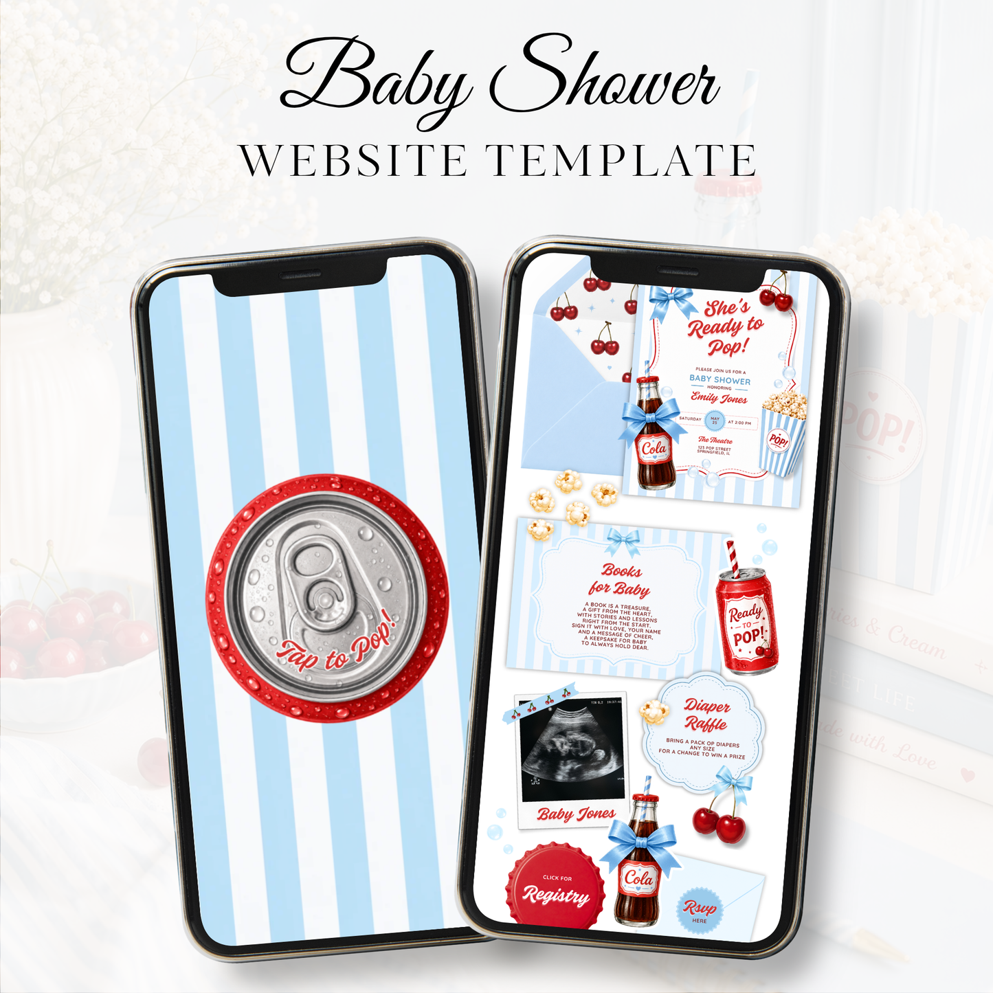 She's Ready To Pop Baby Shower Website Invite with RSVP - Blue Version BS304