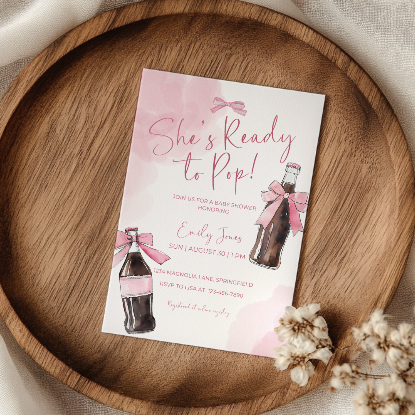 Baby Shower Invitation - Ready To Pop Soda Pink Coquette Bow BS154