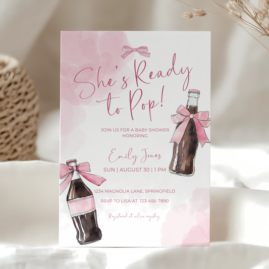 Baby Shower Invitation - Ready To Pop Soda Pink Coquette Bow BS154