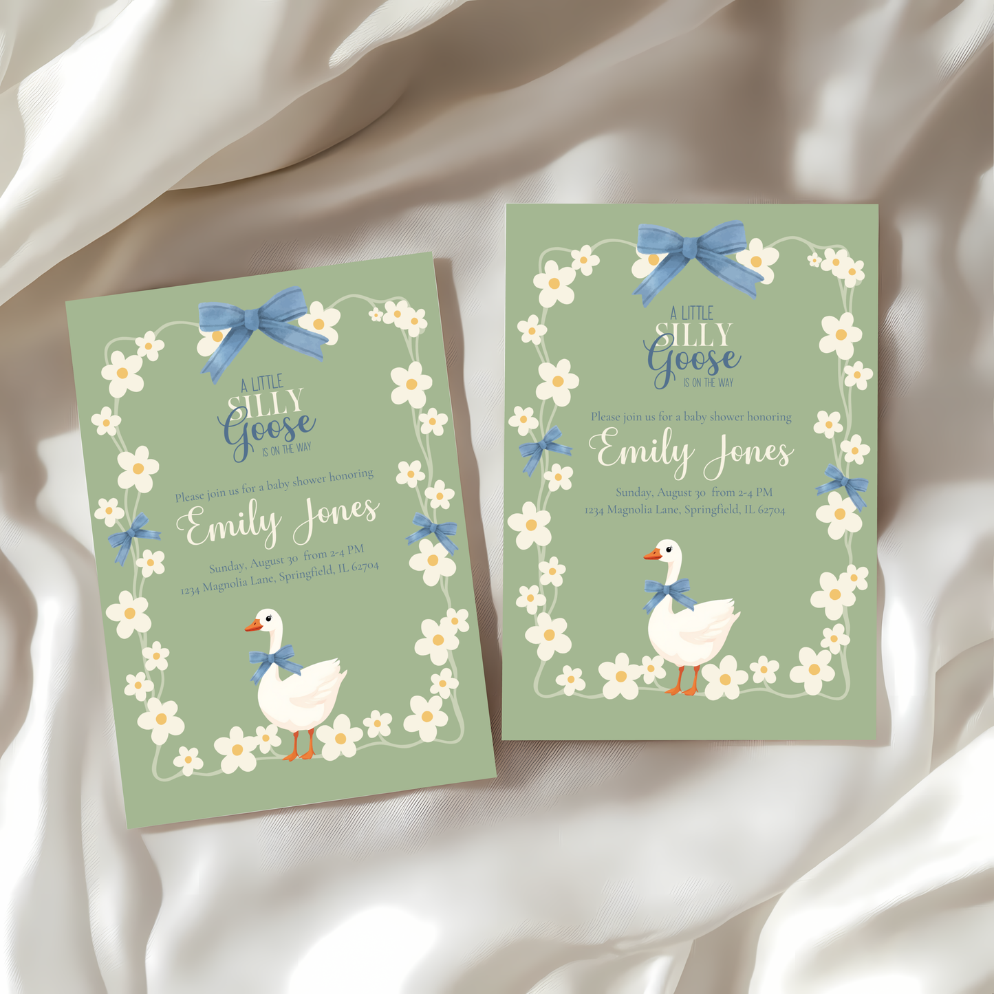Baby Shower Invitation - Silly Goose Green with Daisy Flowers and Blue Bow