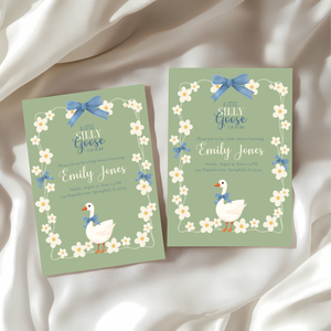 Baby Shower Invitation - Silly Goose Green with Daisy Flowers and Blue Bow