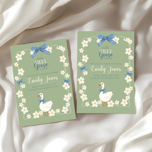 Baby Shower Invitation - Silly Goose Green with Daisy Flowers and Blue Bow