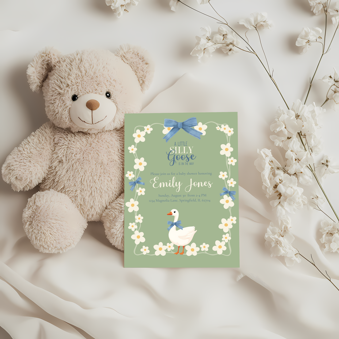 Baby Shower Invitation - Silly Goose Green with Daisy Flowers and Blue Bow