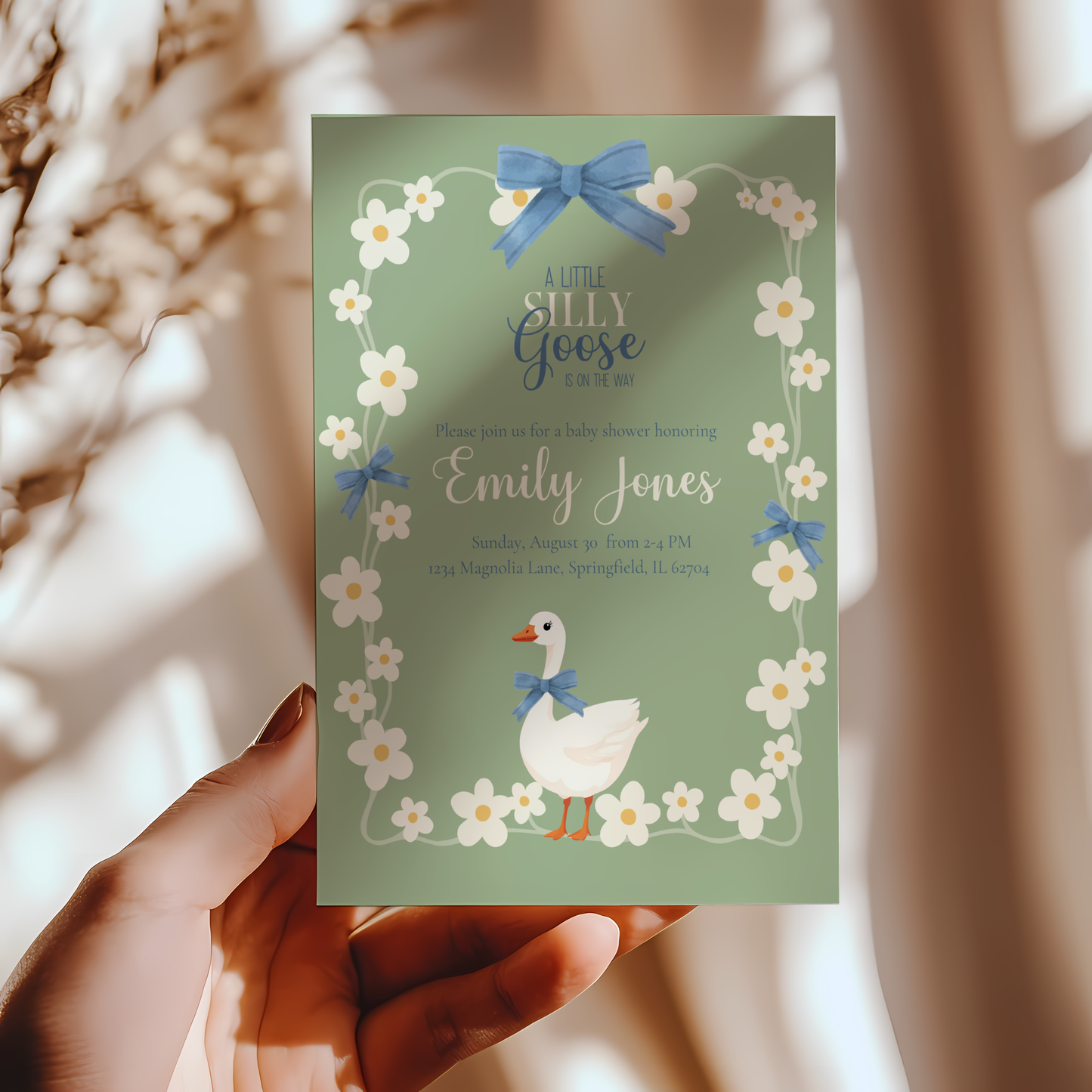 Baby Shower Invitation - Silly Goose Green with Daisy Flowers and Blue Bow