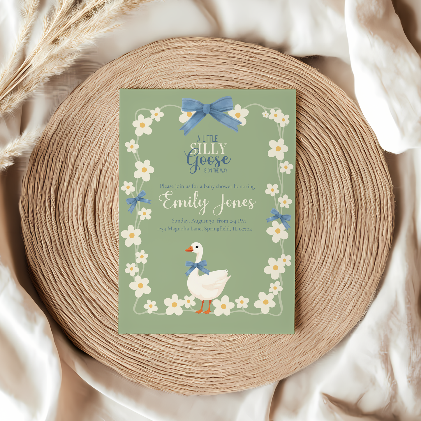 Baby Shower Invitation - Silly Goose Green with Daisy Flowers and Blue Bow