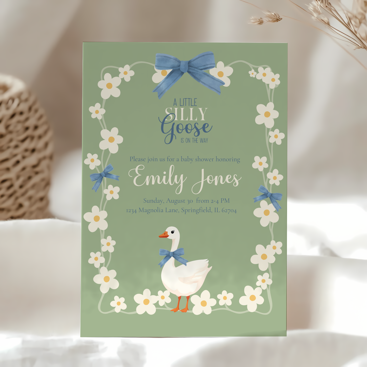 Baby Shower Invitation - Silly Goose Green with Daisy Flowers and Blue Bow
