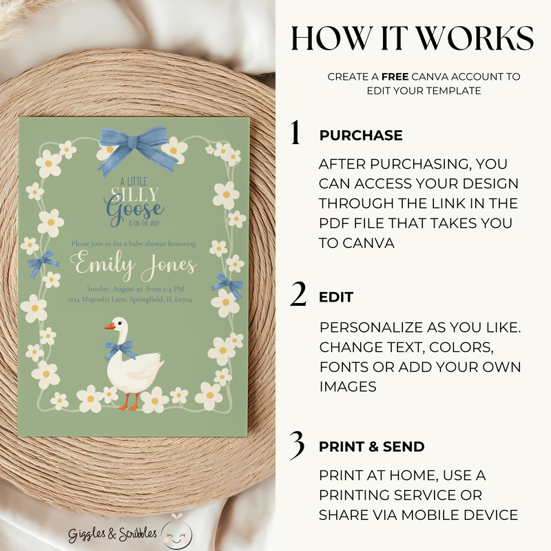 Baby Shower Invitation - Silly Goose Green with Daisy Flowers and Blue Bow