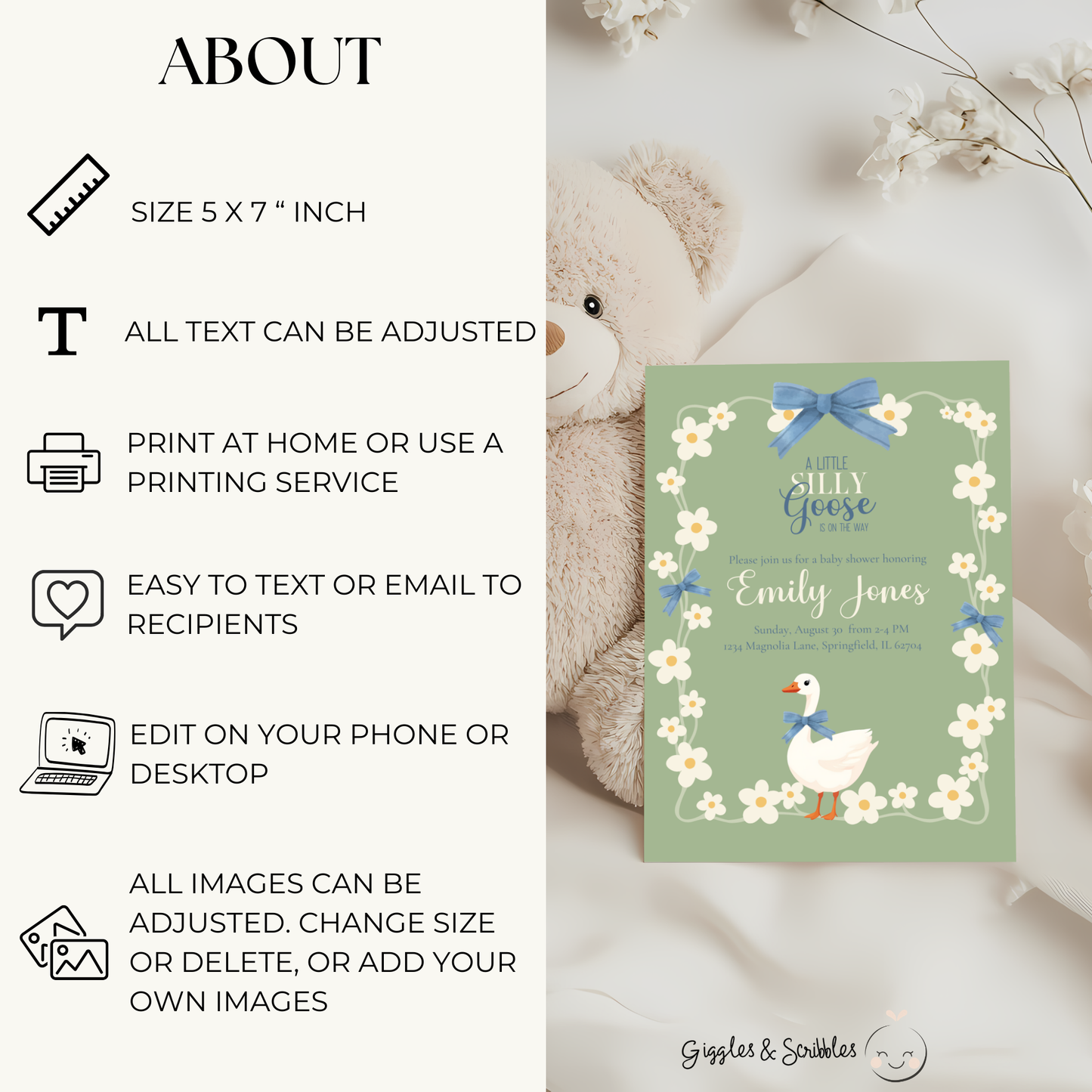 Baby Shower Invitation - Silly Goose Green with Daisy Flowers and Blue Bow