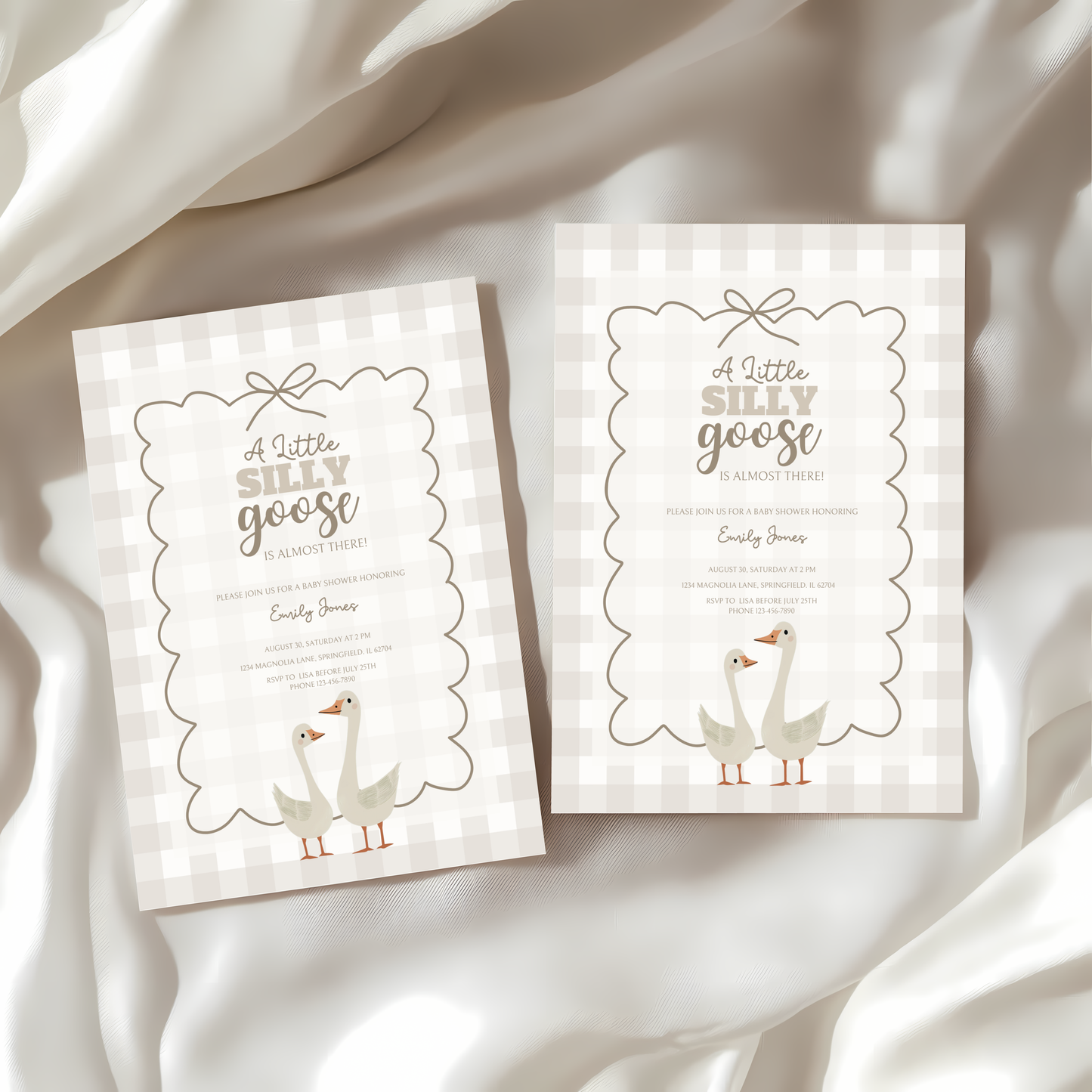 Baby Shower Invitation Bundle - Beige Silly Goose Gingham BS25