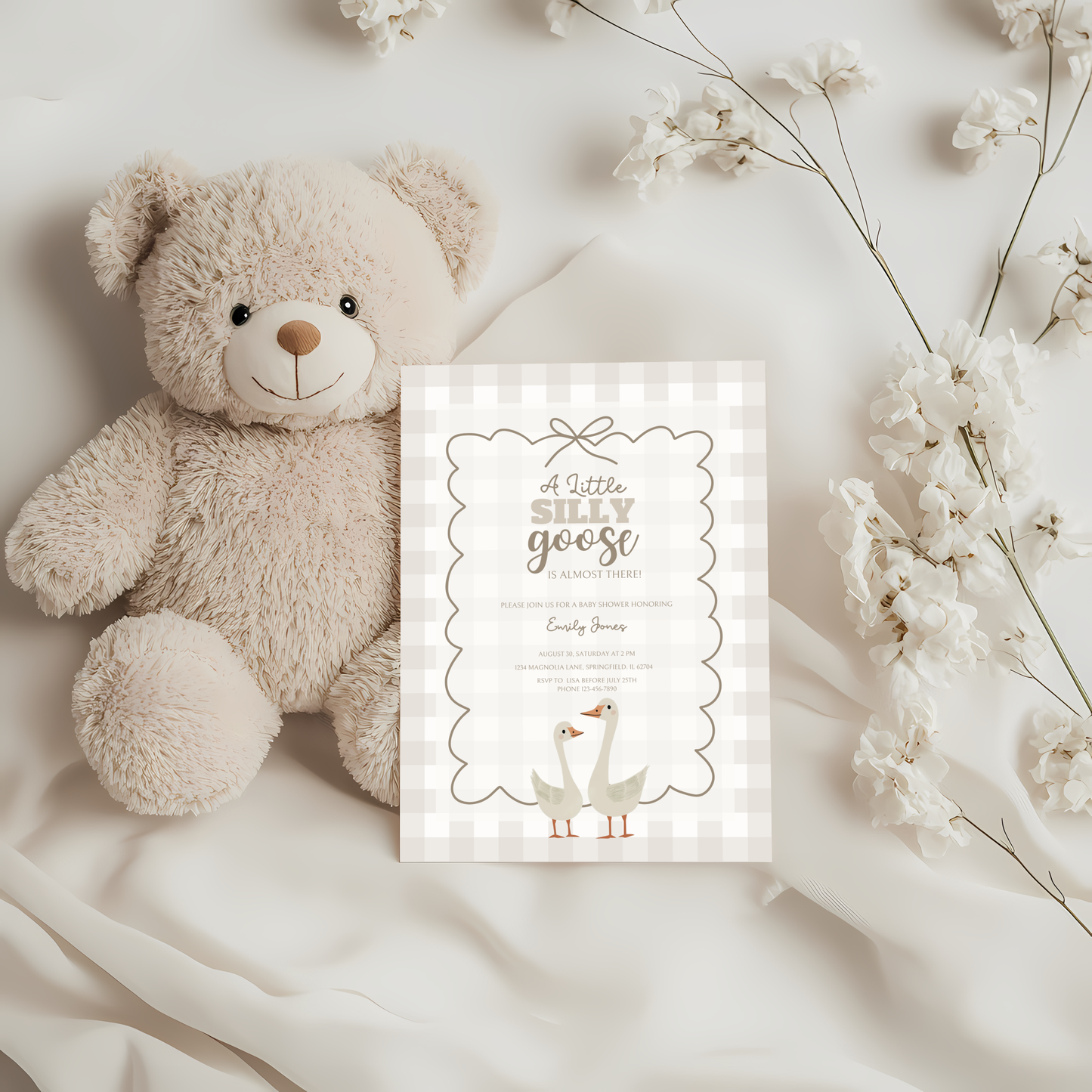 Baby Shower Invitation Bundle - Beige Silly Goose Gingham BS25