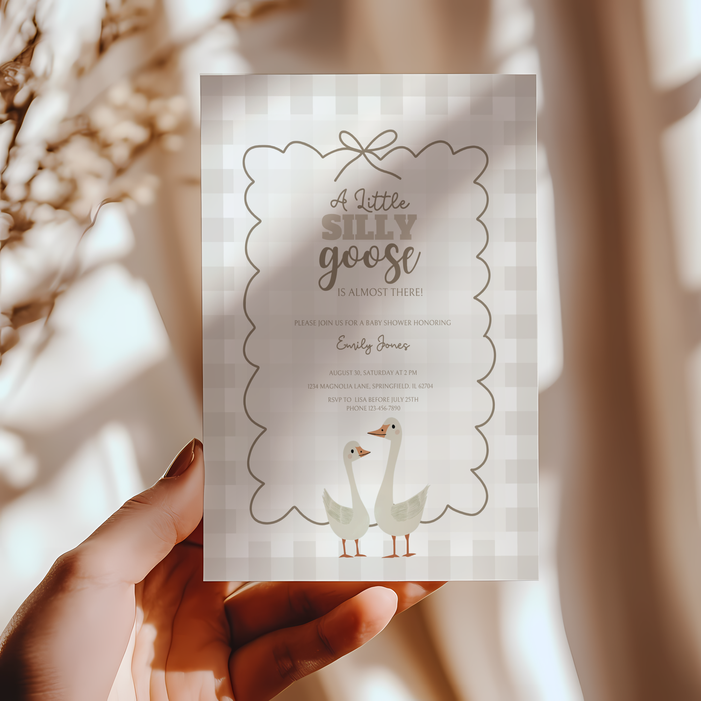 Baby Shower Invitation Bundle - Beige Silly Goose Gingham BS25