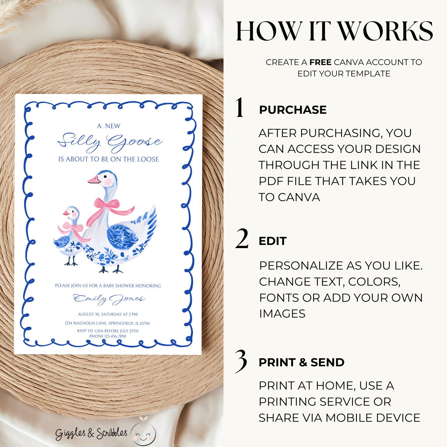 Baby Shower Invitation - Blue Chinoiserie Silly Goose BS30