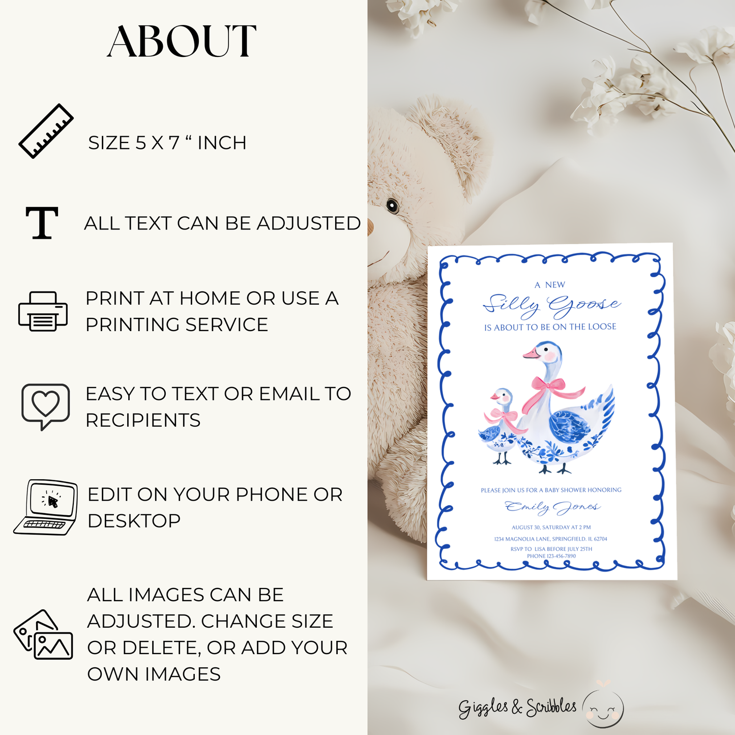 Baby Shower Invitation - Blue Chinoiserie Silly Goose BS30
