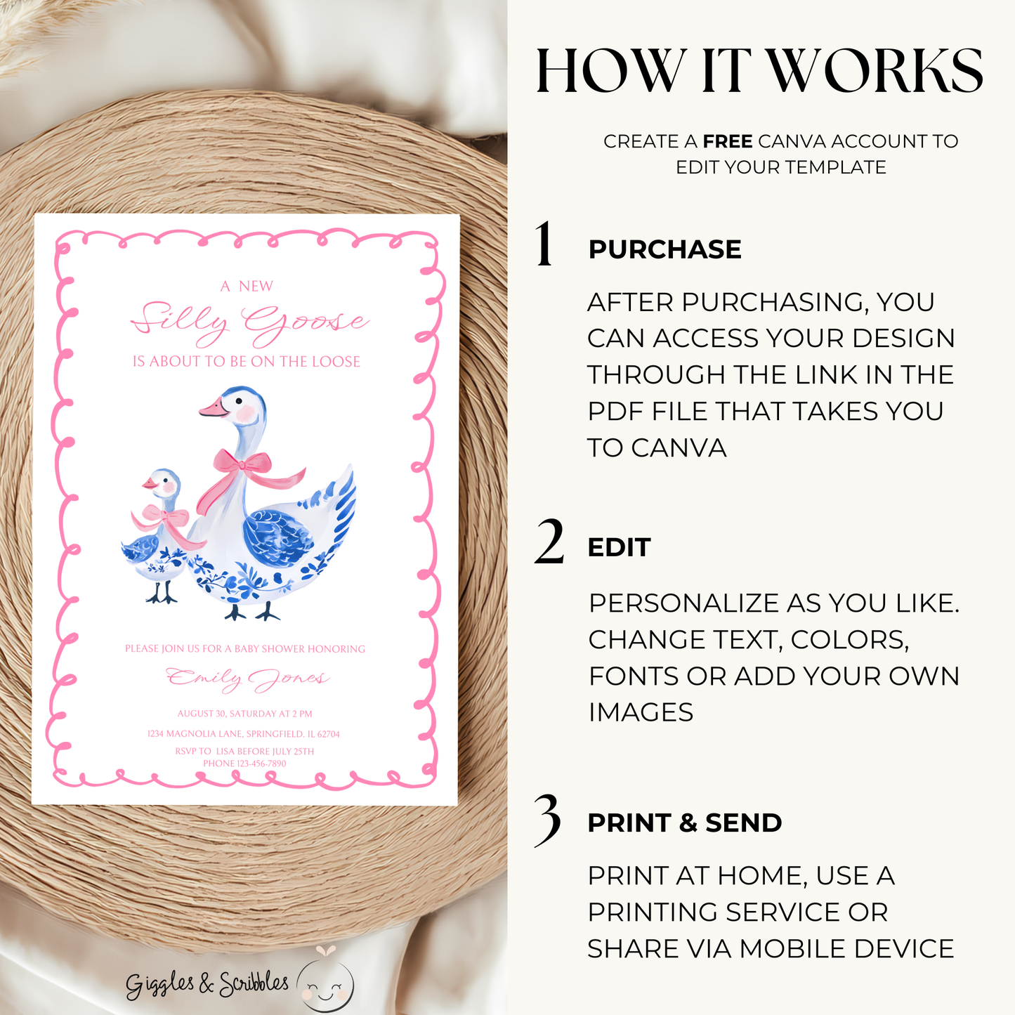 Baby Shower Invitation - Pink Chinoiserie Silly Goose BS31