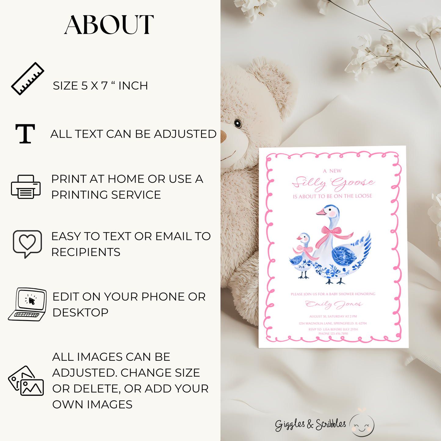 Baby Shower Invitation - Pink Chinoiserie Silly Goose BS31
