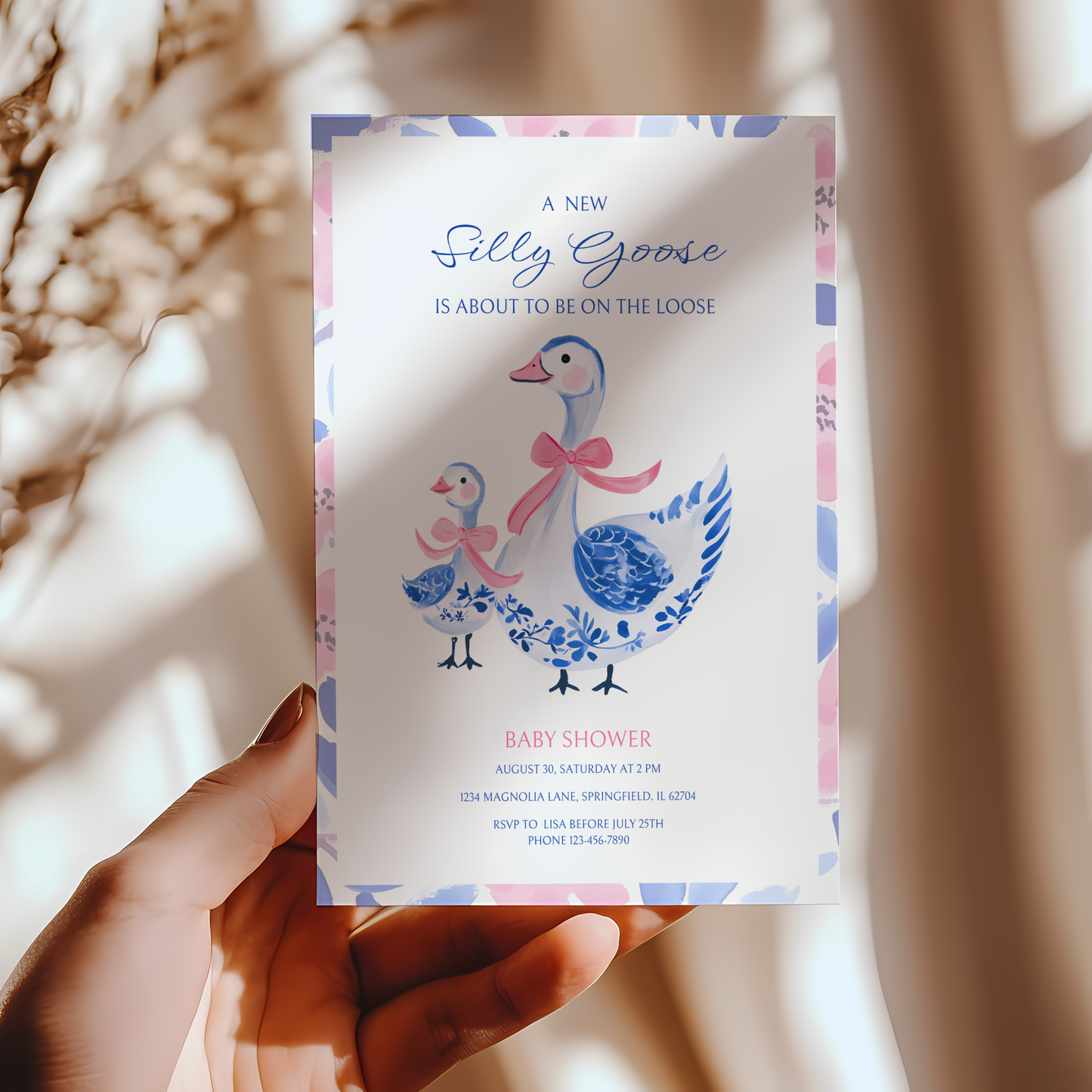 Baby Shower Invitation - Blue Pink Chinoiserie Floral Silly Goose BS26