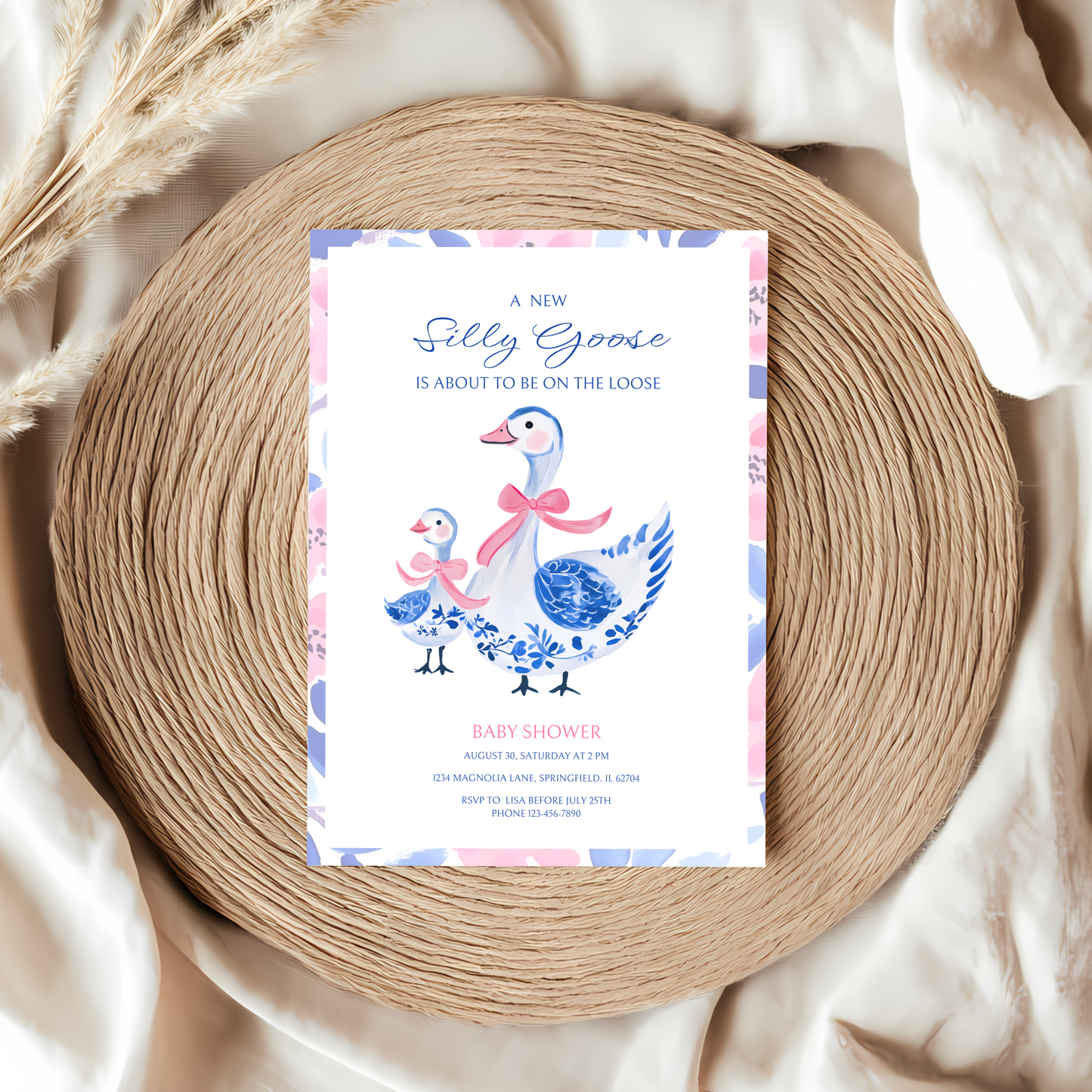 Baby Shower Invitation - Blue Pink Chinoiserie Floral Silly Goose BS26