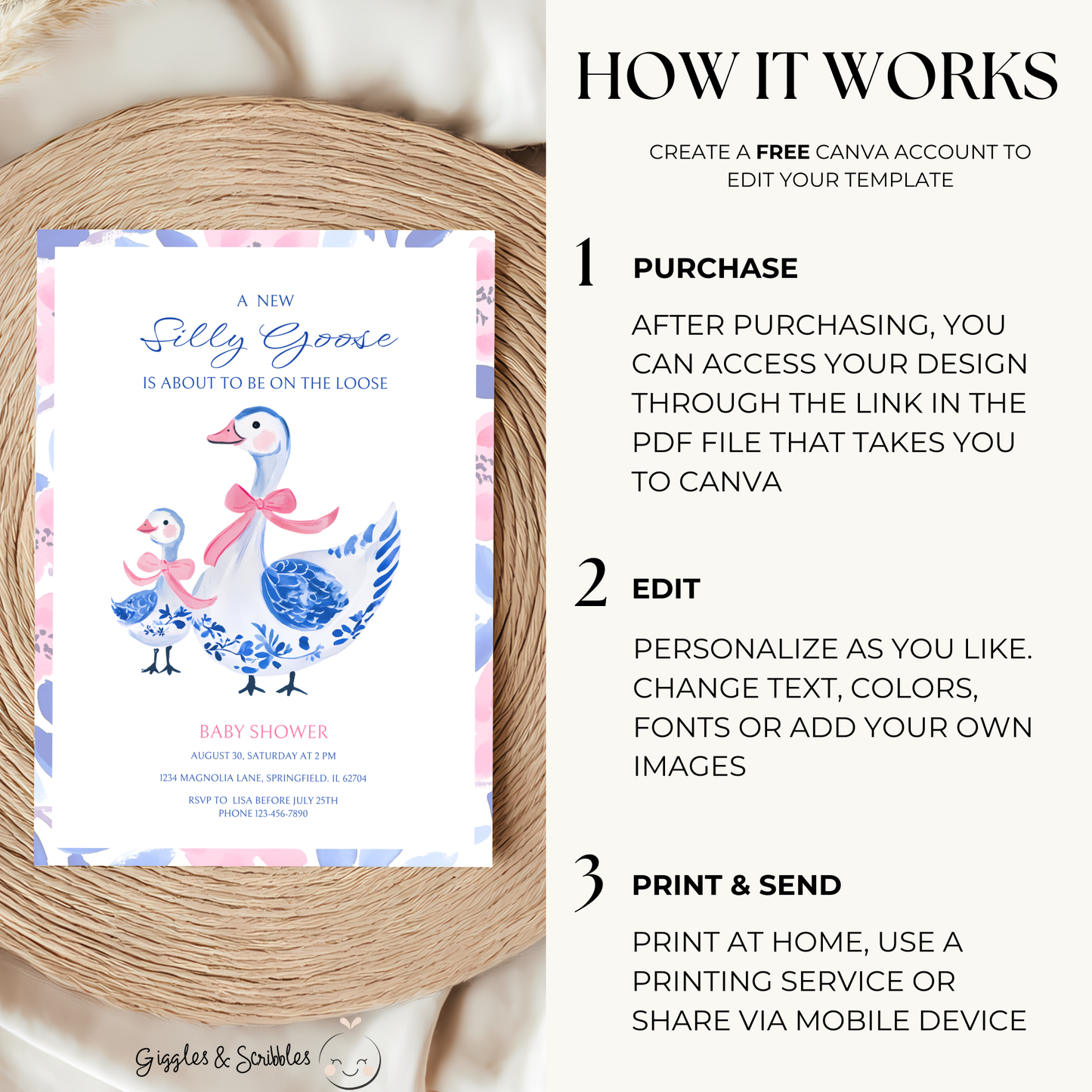 Baby Shower Invitation - Blue Pink Chinoiserie Floral Silly Goose BS26