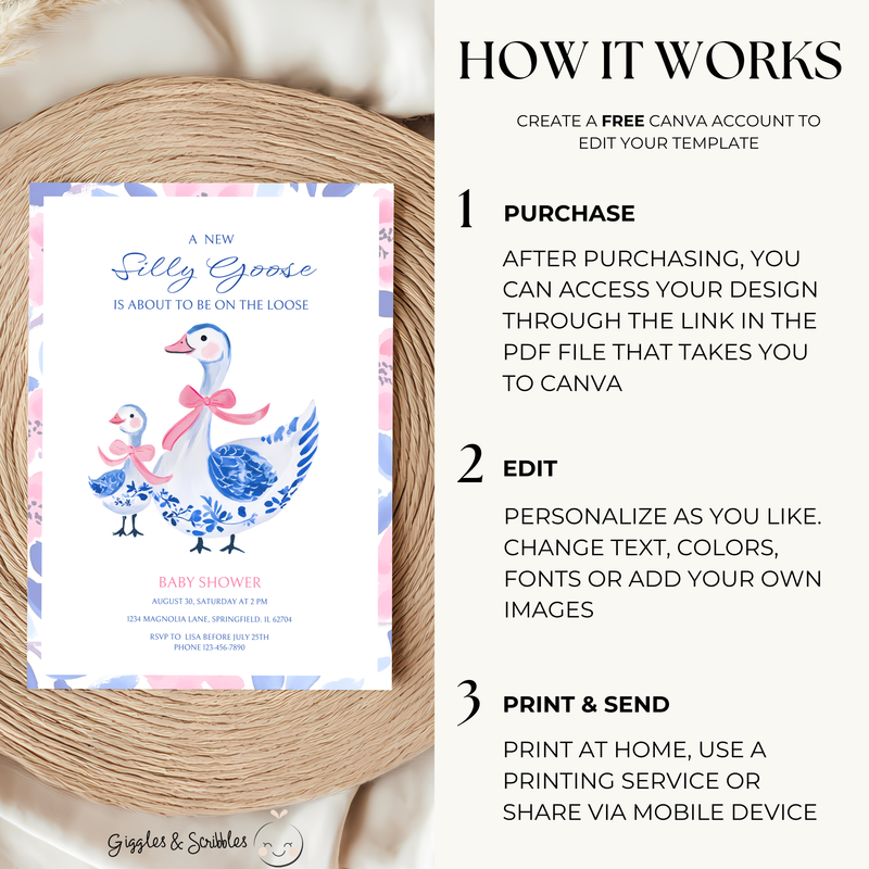 Baby Shower Invitation - Blue Pink Chinoiserie Floral Silly Goose BS26