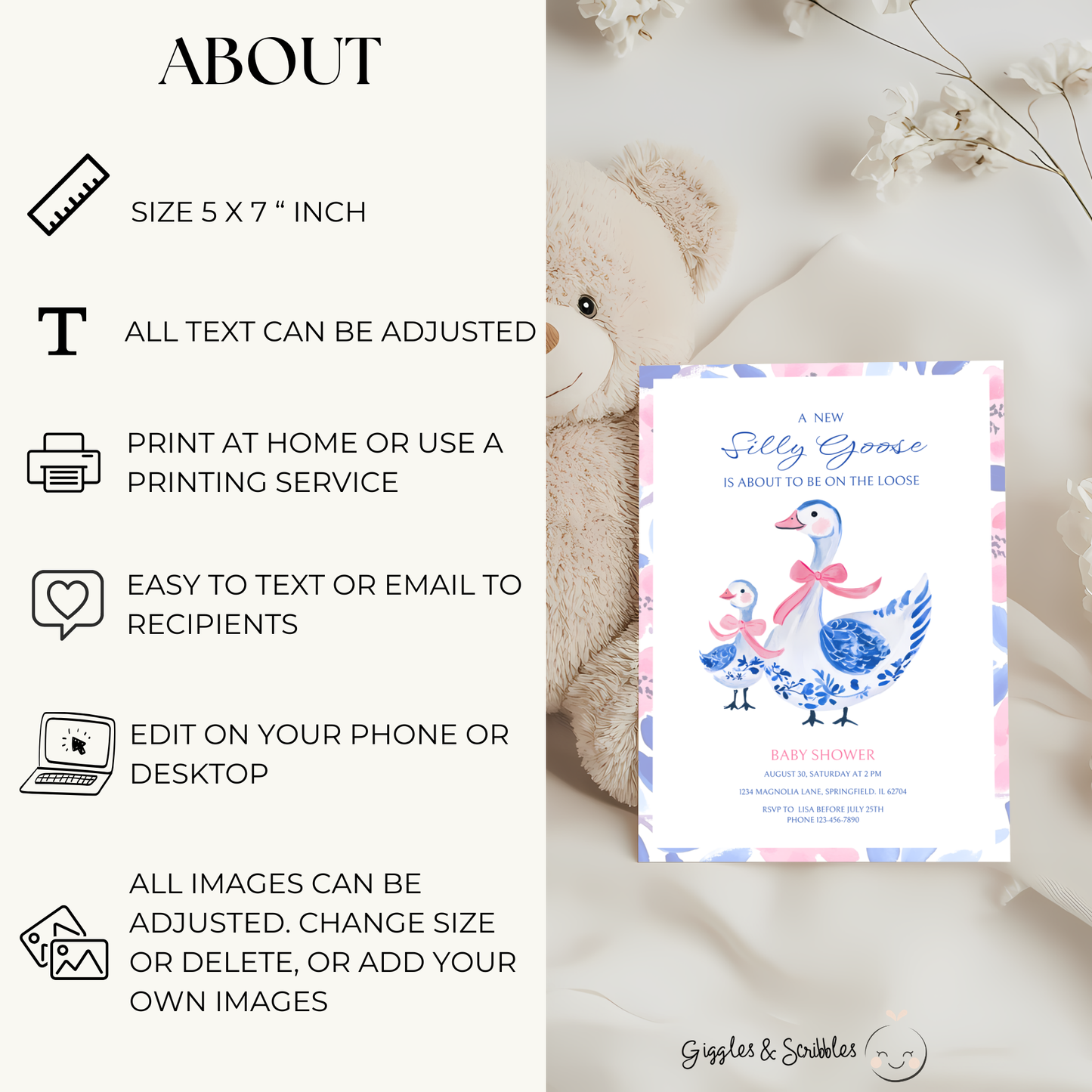 Baby Shower Invitation - Blue Pink Chinoiserie Floral Silly Goose BS26