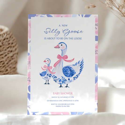 Baby Shower Invitation - Blue Pink Chinoiserie Floral Silly Goose BS26