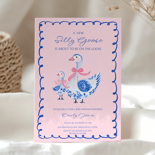 Baby Shower Invitation - Blue Pink Chinoiserie Silly Goose BS27